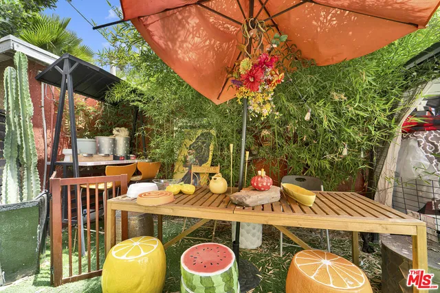 a view of a yard with plants and trees