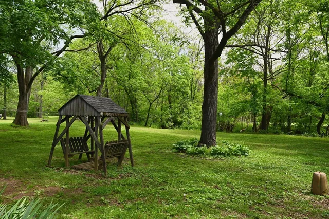 a view of a lush green forest with trees and some houses