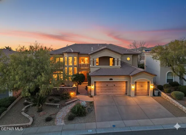 an aerial view of a house with a yard and a large tree