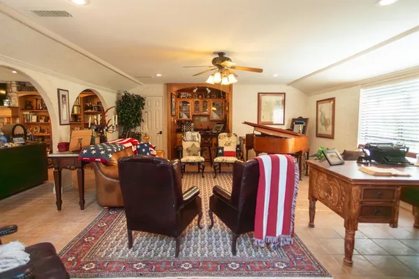a view of a dining room with furniture