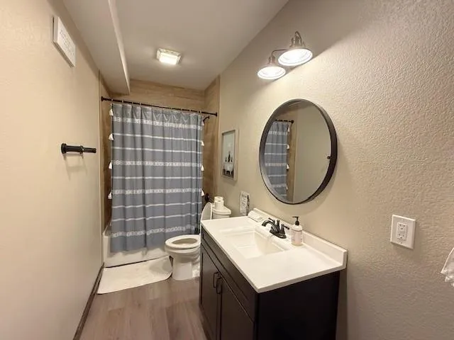 a bathroom with a sink mirror and toilet