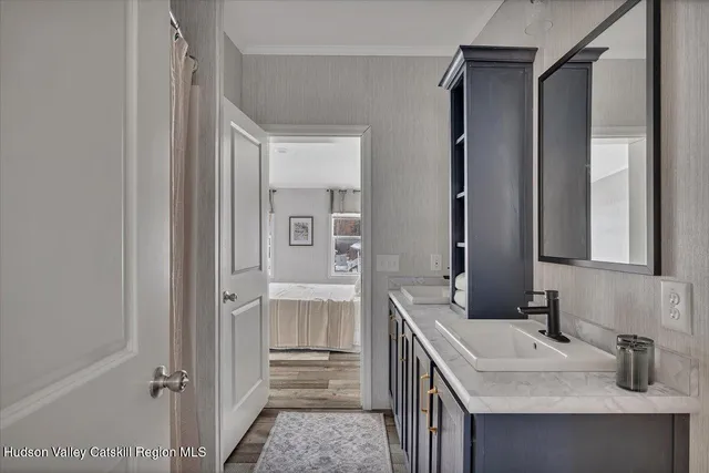 a bathroom with a sink and a mirror
