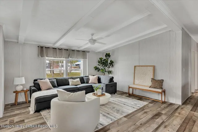a living room with furniture and a potted plant
