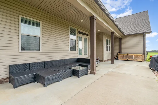 a building outdoor space with patio furniture
