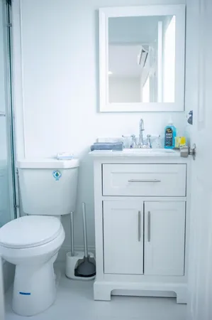 a bathroom with a toilet a sink and mirror