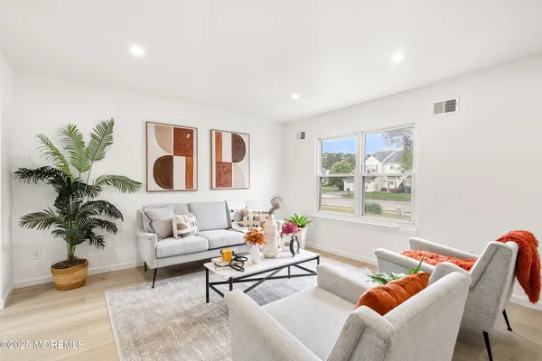 a living room with furniture and a potted plant