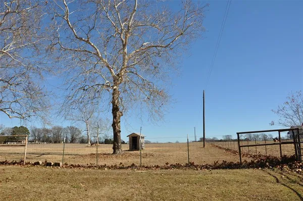 a view of a dry yard with wooden fence