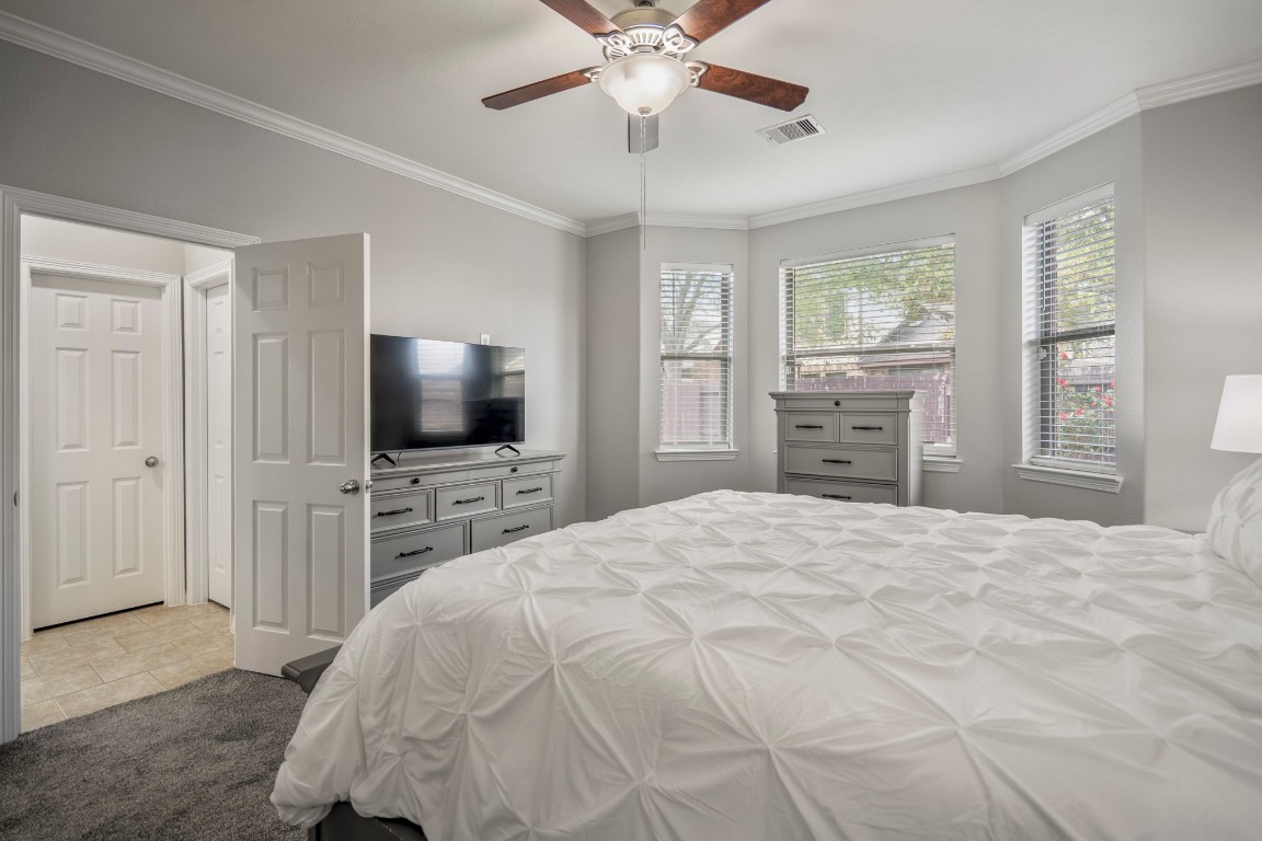 27135 Cottage Stream Lane Fulshear, TX 77441 - Photo 20 of 42 Light - filled primary bedroom with multiple windows, tray ceiling - creates a bright and relaxing retreat.