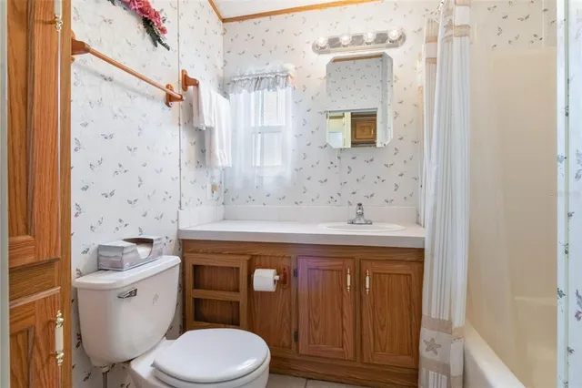 a bathroom with a sink a toilet and shower curtain