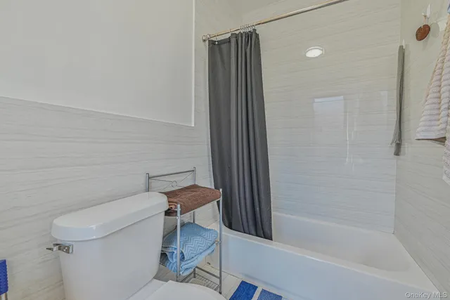 a bathroom with a shower and a toilet