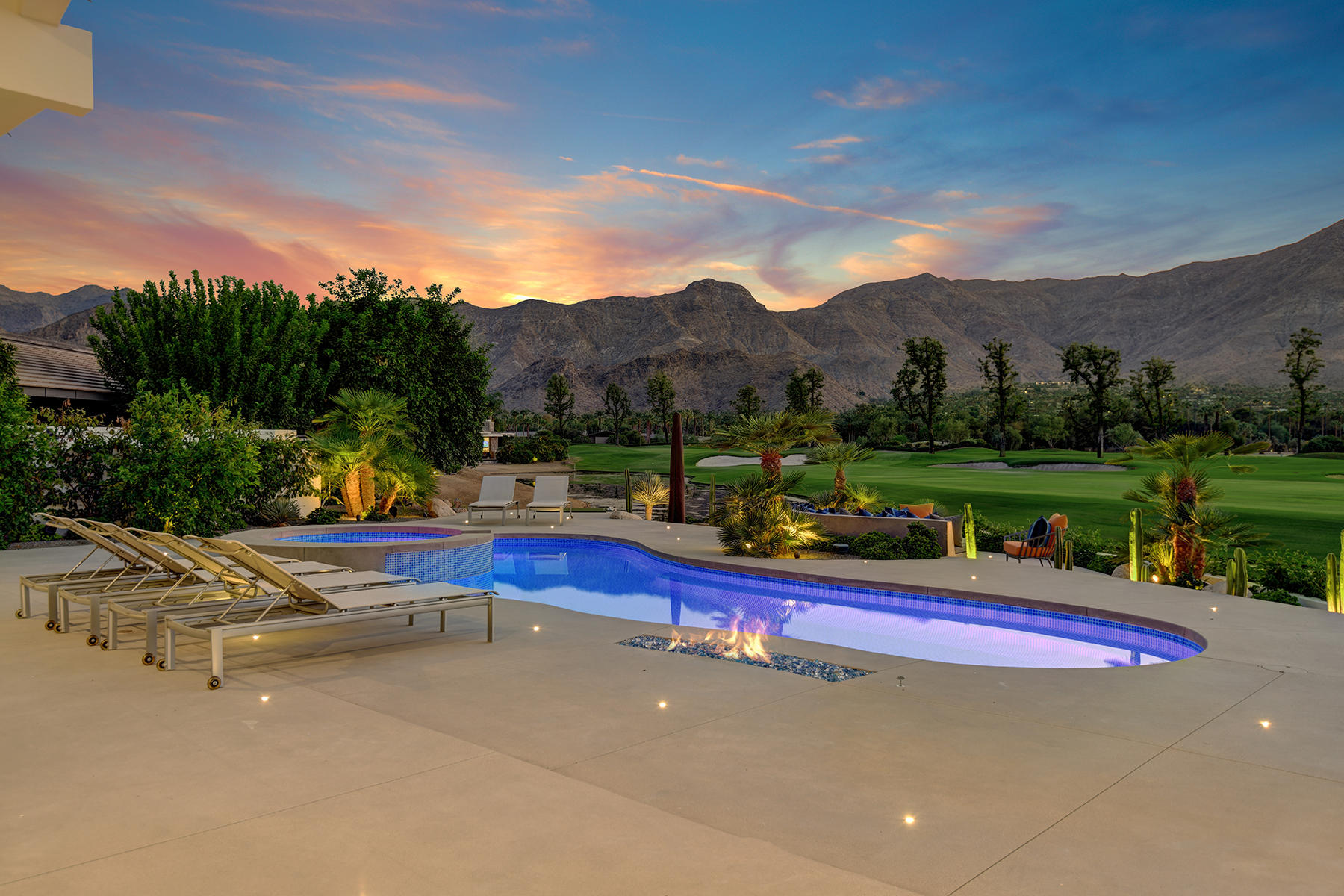 4 Deerfield Court Rancho Mirage, CA 92270 - Photo 46 of 53 POOL AND FIARWAY VIEW TO MOUNTAINS NIGHT