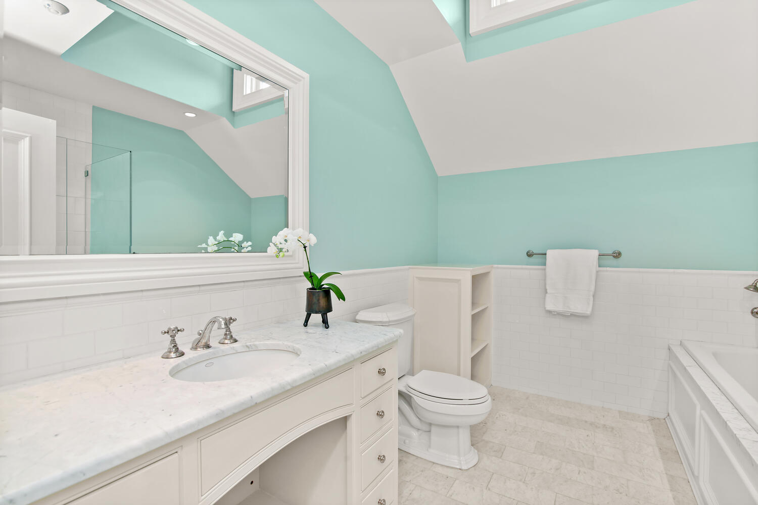 363 West Road New Canaan, CT 06840 - Photo 37 of 68 a bathroom with a granite countertop bathtub sink vanity mirror and toilet