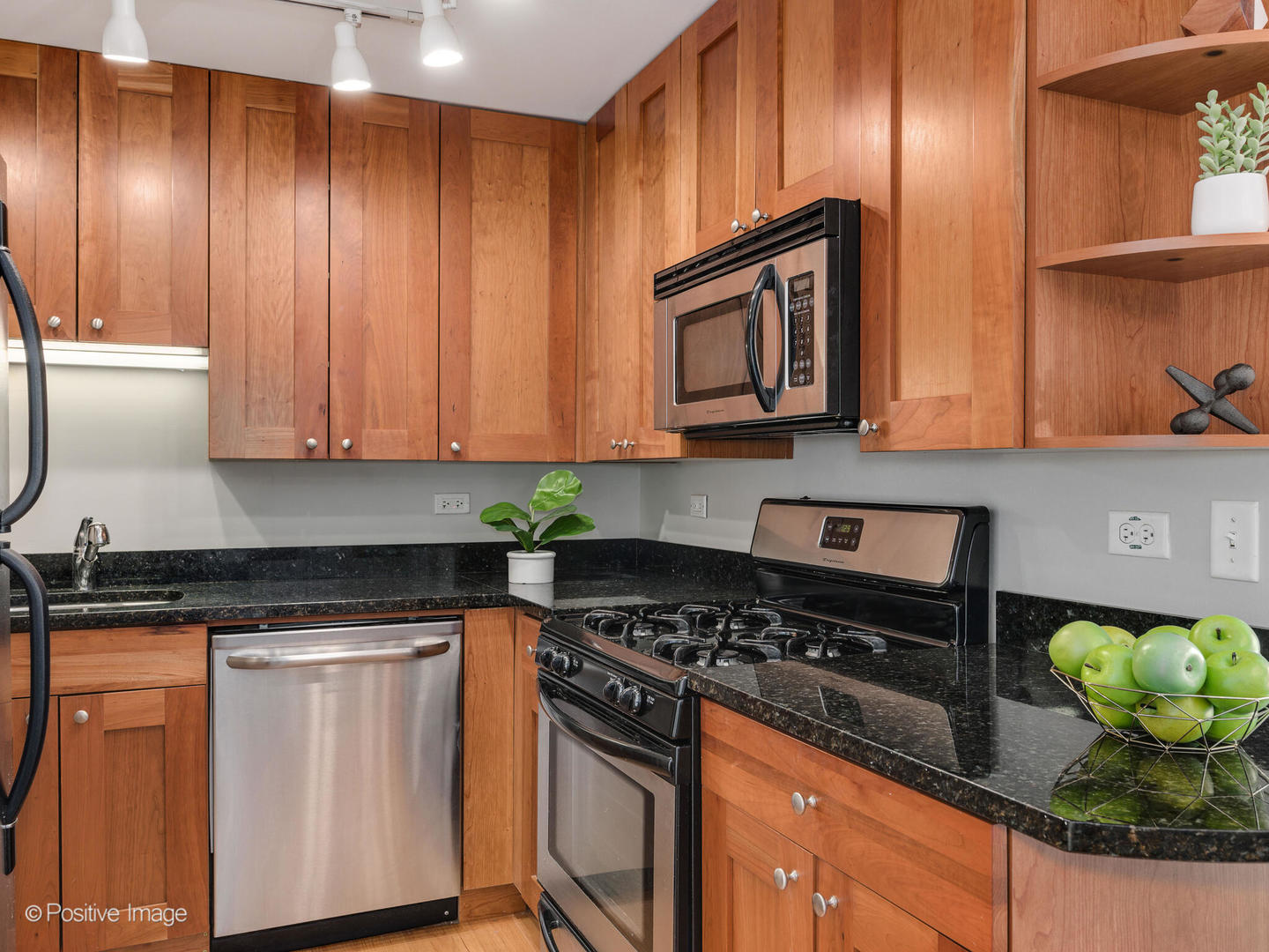 4144 North Sheridan Road, Unit 203 Chicago, IL 60613 - Photo 8 of 15 a kitchen with stainless steel appliances granite countertop wooden cabinets and a stove top oven