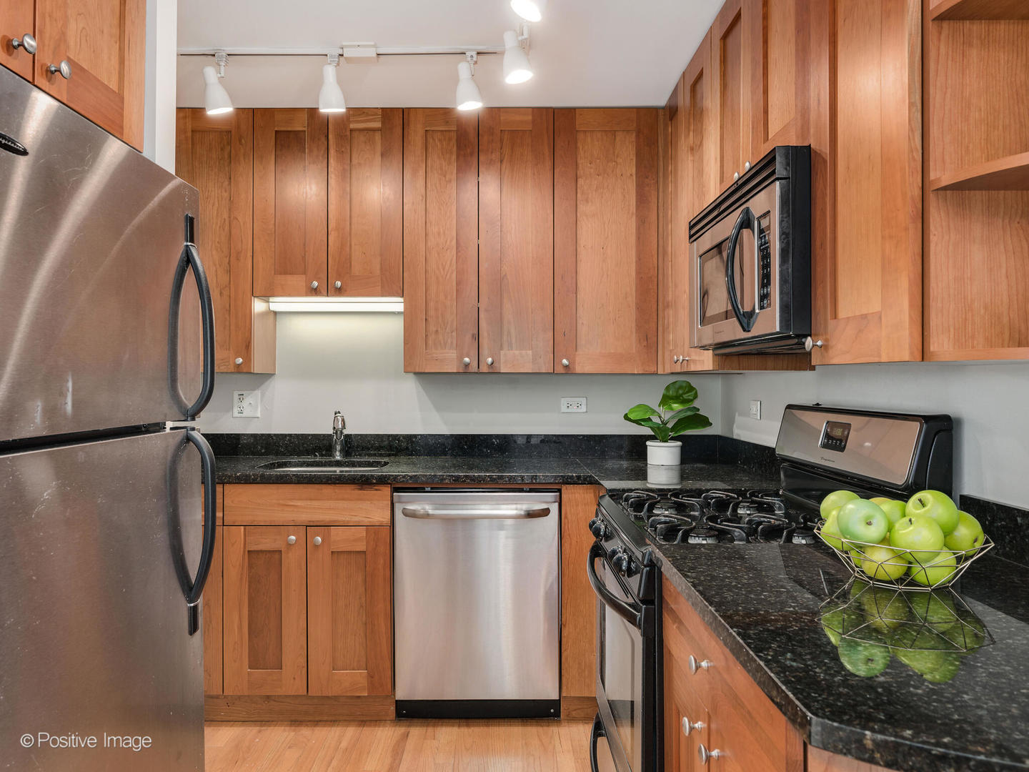 4144 North Sheridan Road, Unit 203 Chicago, IL 60613 - Photo 9 of 15 a kitchen with stainless steel appliances granite countertop a stove a refrigerator and a sink