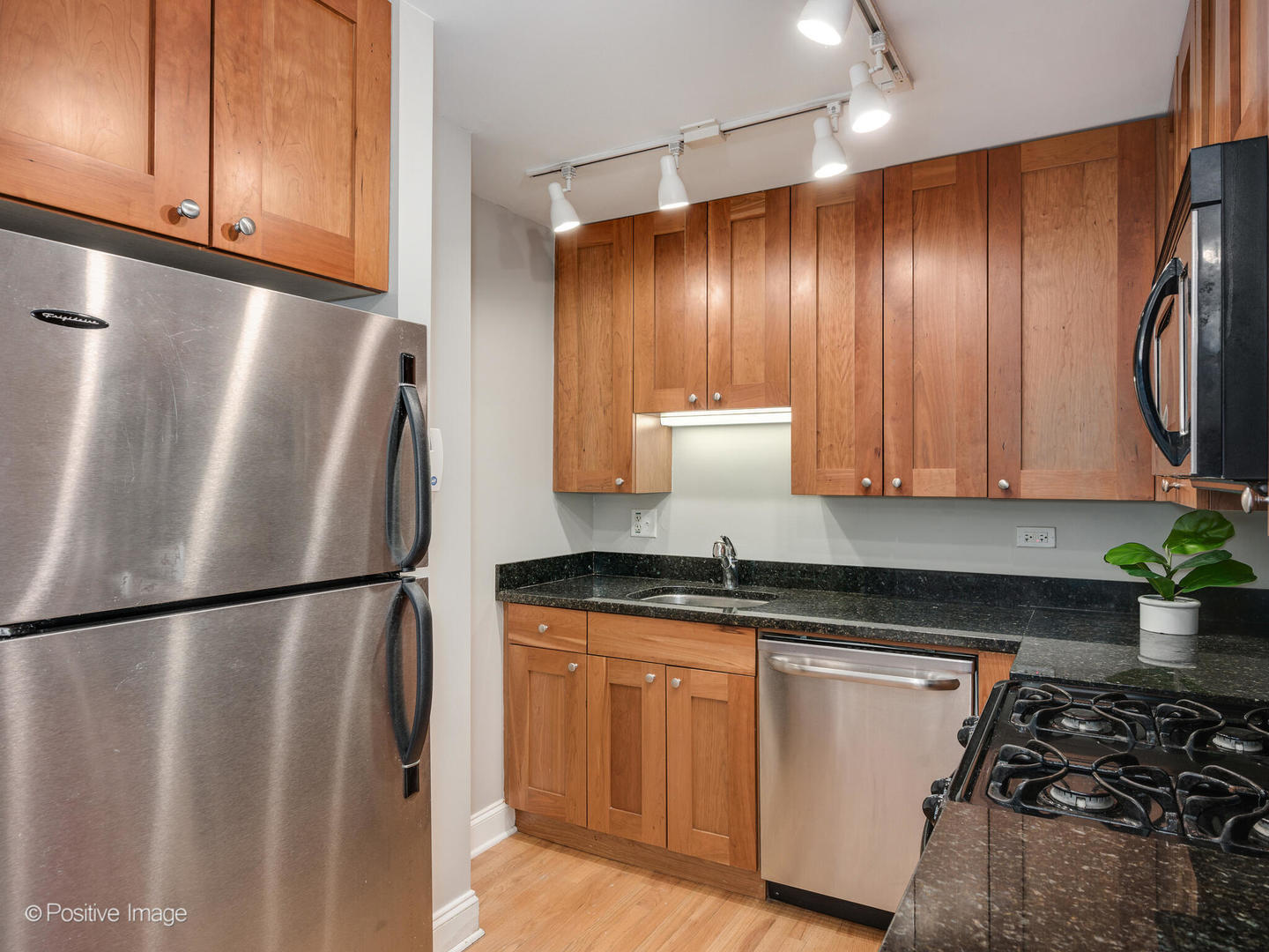 4144 North Sheridan Road, Unit 203 Chicago, IL 60613 - Photo 10 of 15 a kitchen with stainless steel appliances granite countertop a refrigerator a sink and wooden cabinets