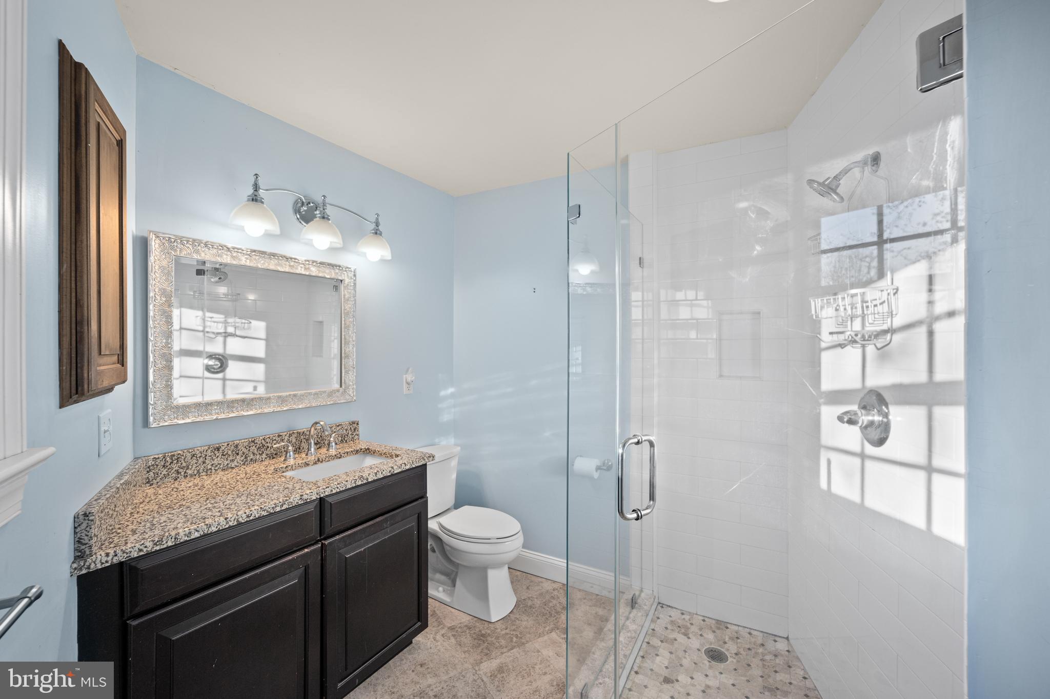 734 Northbrook Road Kennett Square, PA 19348 - Photo 78 of 89 a bathroom with a granite countertop sink a toilet a mirror and shower