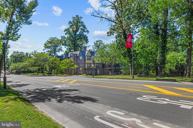 a view of a tennis ground with large trees