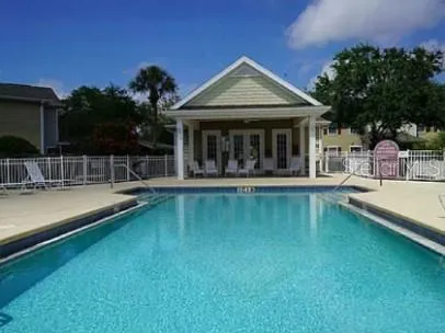 swimming pool view with a garden space