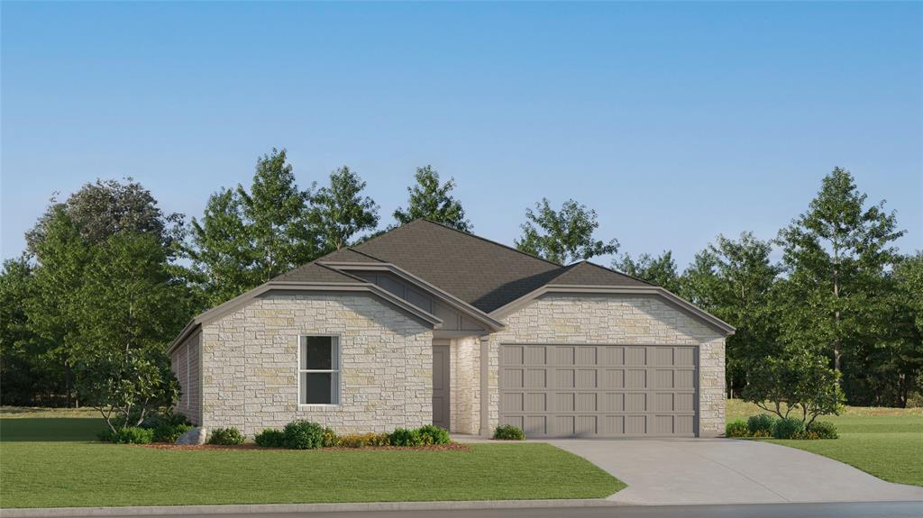 405 Comanche Drive Cleburne, TX 76033 - Photo 1 of 1 Single-story residence featuring a stone-clad facade, a gabled roofline, an attached two-car garage, a paved driveway, and manicured landscaping