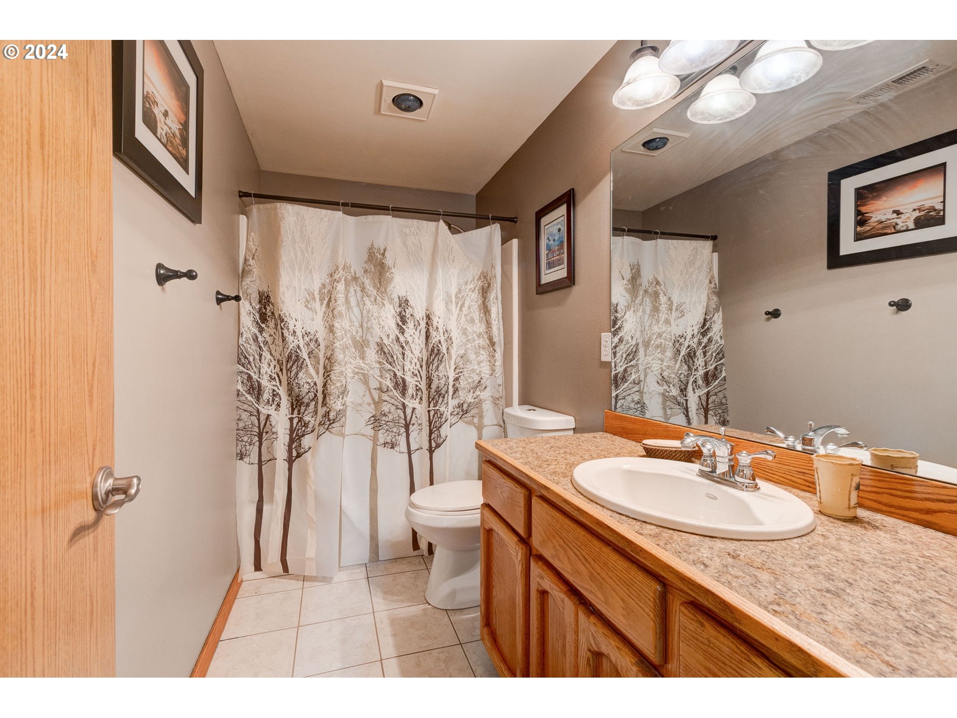 30121 Northeast Harrison Road Battle Ground, WA 98604 - Photo 18 of 40 a bathroom with a granite countertop sink a mirror a vanity and shower