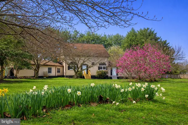 a backyard of a house with lots of green space and trampoline