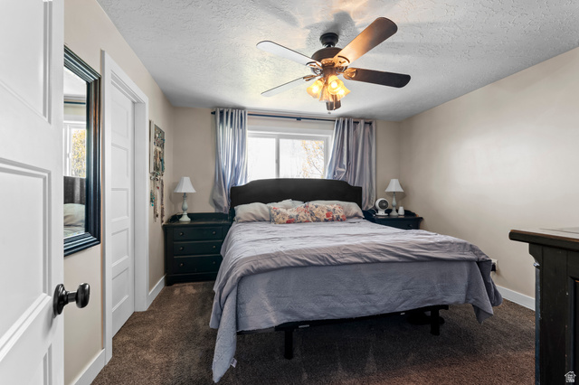 141 North 600 East Mapleton, UT 84664 - Photo 23 of 44 Bedroom featuring a ceiling fan, dark carpet, and a textured ceiling