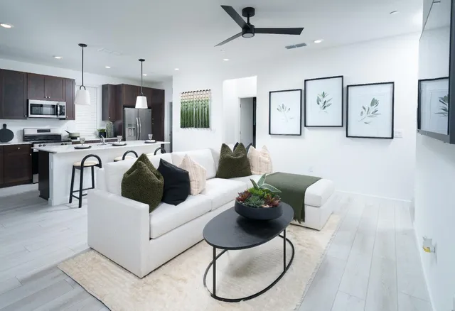 a living room with furniture potted plant and kitchen view