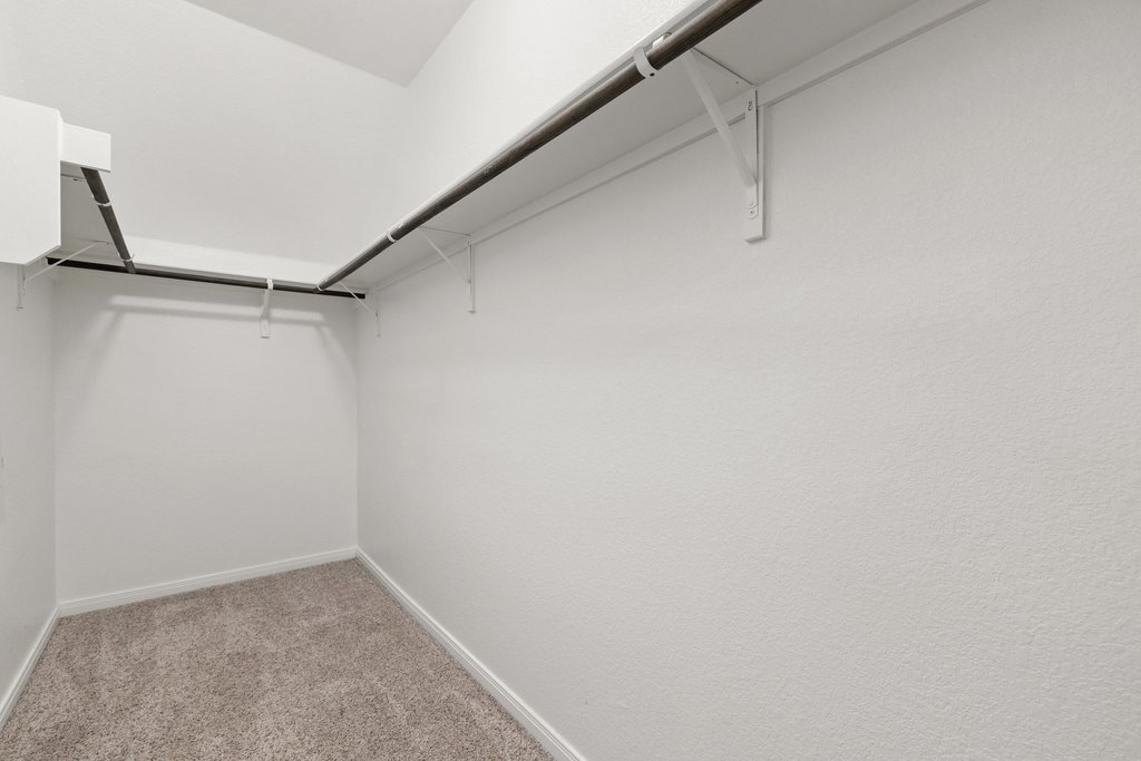 102 Ashford Way Georgetown, TX 78626 - Photo 16 of 28 A well-lit, neutral-toned walk-in closet awaits customization, offering ample hanging space and soft carpeting.