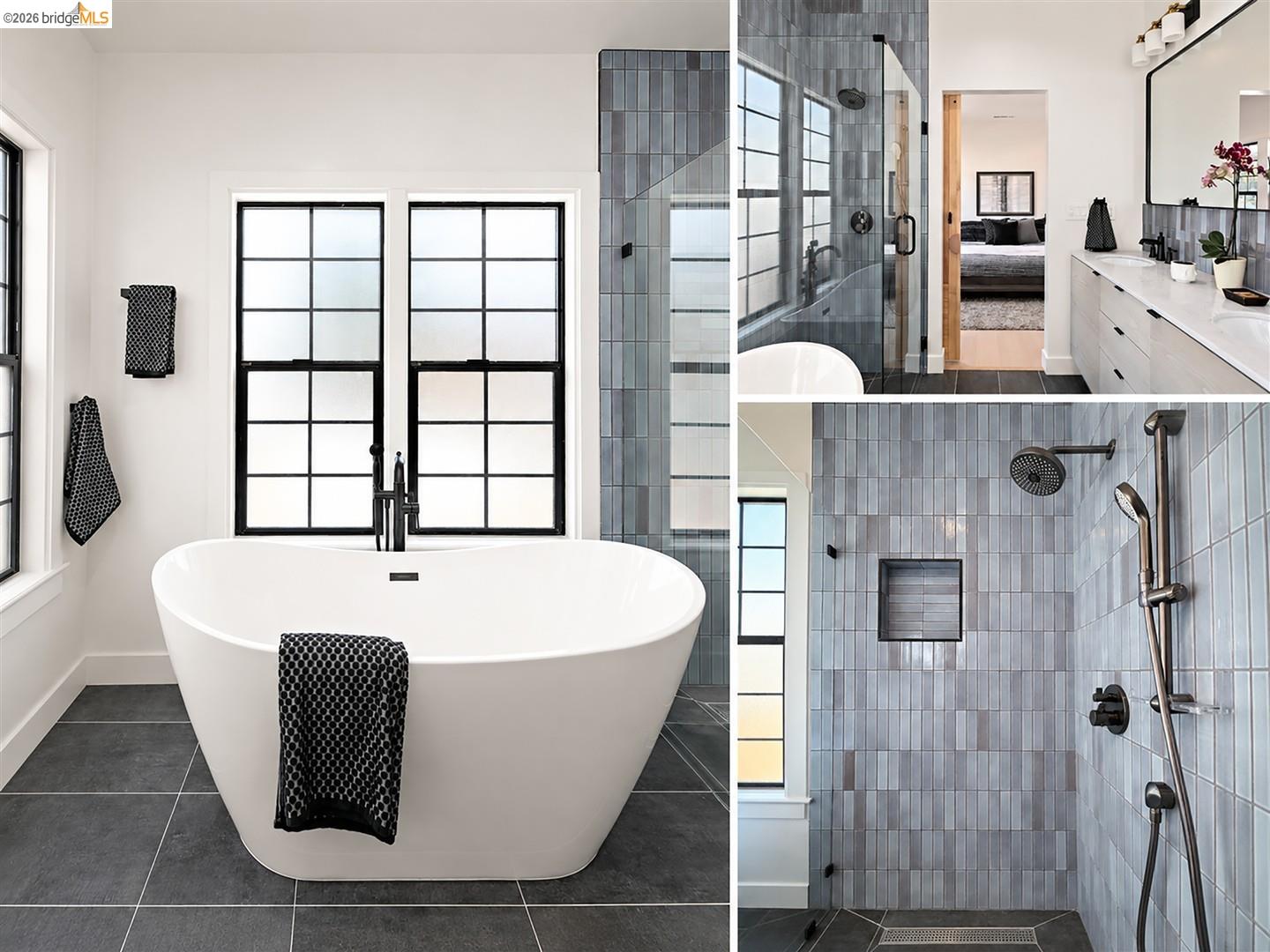 1668 Arch Street Berkeley, CA 94709 - Photo 31 of 78 Freestanding soaking tub with a floor-mounted faucet, walk-in shower with a glass enclosure, dual vanity with a white countertop, and tiled flooring