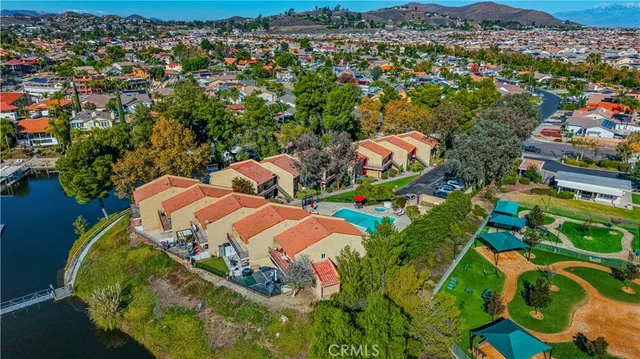 a view of a city with furniture