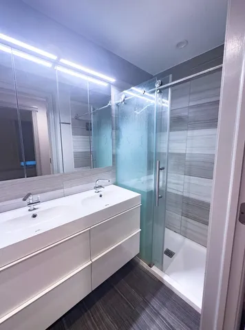 a bathroom with a shower and a sink