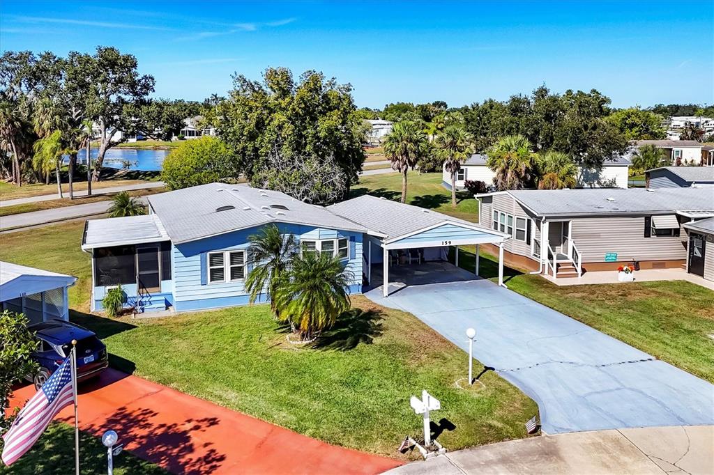 an aerial view of a house with garden