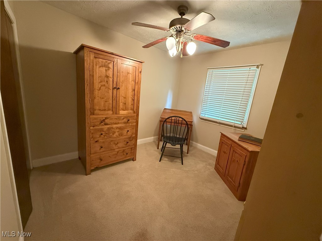 4901 Kings Creek Road Weirton, WV 26062 - Photo 13 of 28 Living area with a textured ceiling, a ceiling fan, and light colored carpet