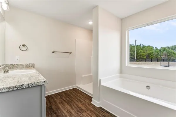a bathroom with a granite countertop sink and a bathtub
