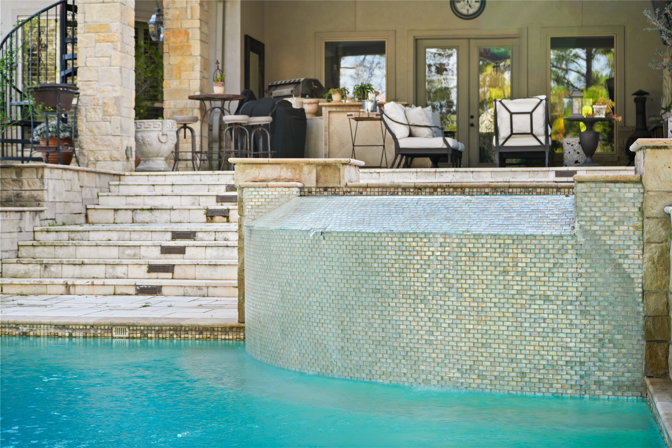 6702 Star Ledge Court Spring, TX 77389 - Photo 41 of 46 Tiered Custom Glass Infinity-Edge Heated Spa Spilling To Main Pool