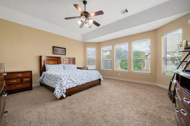 a bedroom with a bed a chandelier and a flat screen tv