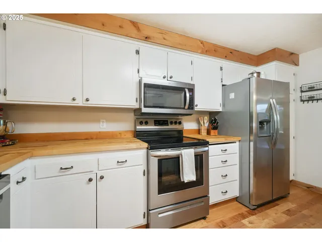 a kitchen with stainless steel appliances white cabinets and a refrigerator