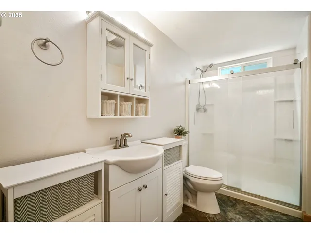 a bathroom with a sink a toilet a mirror and a shower