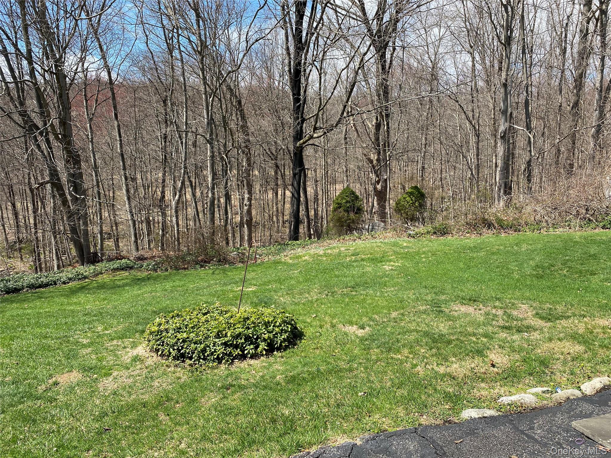 23 Colton Road Mahopac, NY 10541 - Photo 5 of 35 The property features a green lawn with a circular shrub bed, bordered by a paved edge