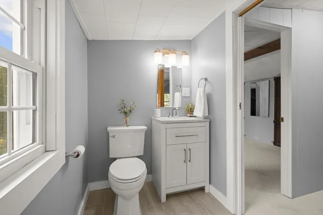 a bathroom with a toilet sink and mirror