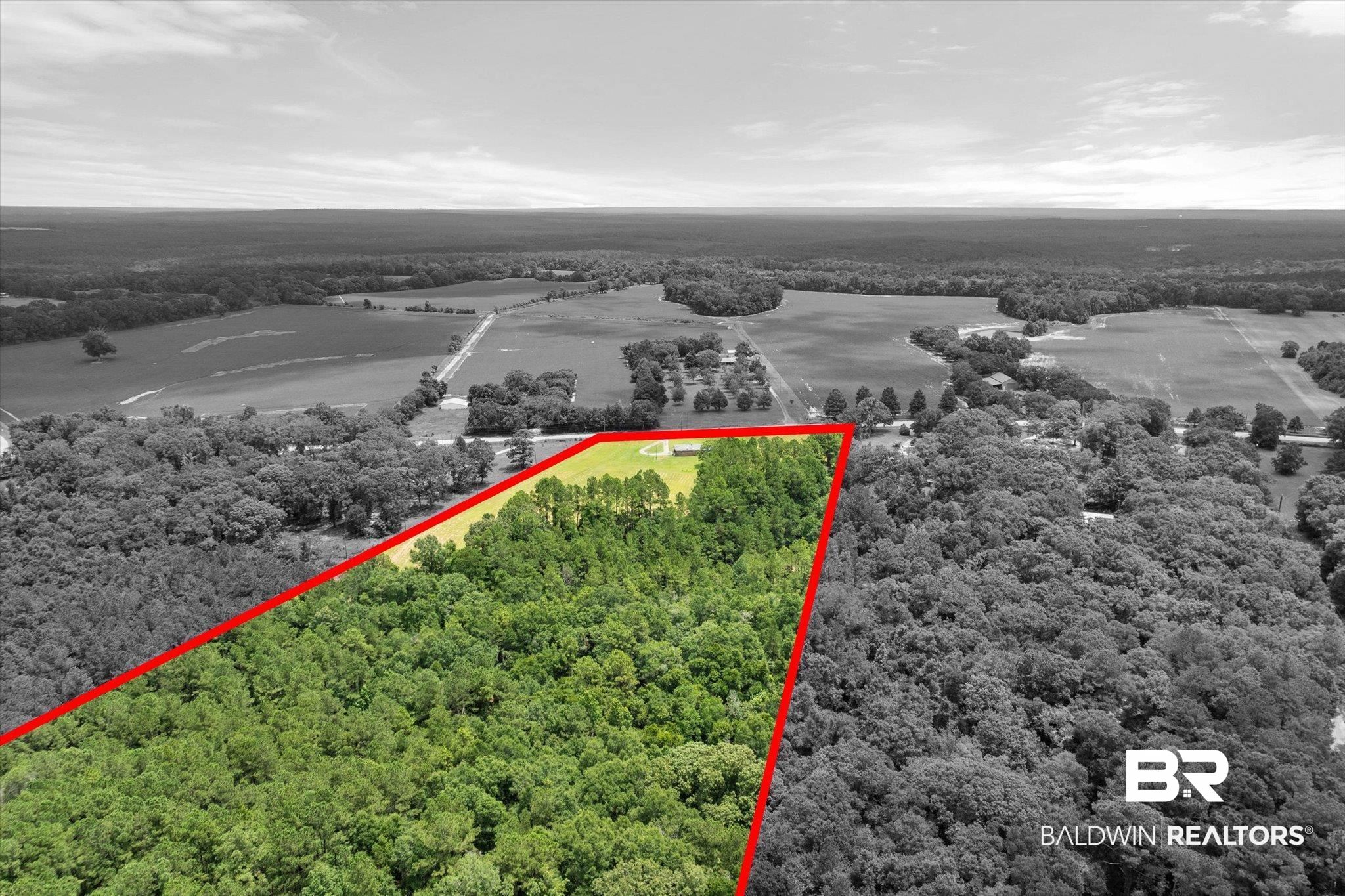 11601 Lott Road Chunchula, AL 36521 - Photo 27 of 34 Aerial view of property and surrounding area with property boundaries highlighted and a forest