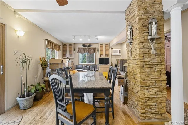 a kitchen with counter top space and appliances