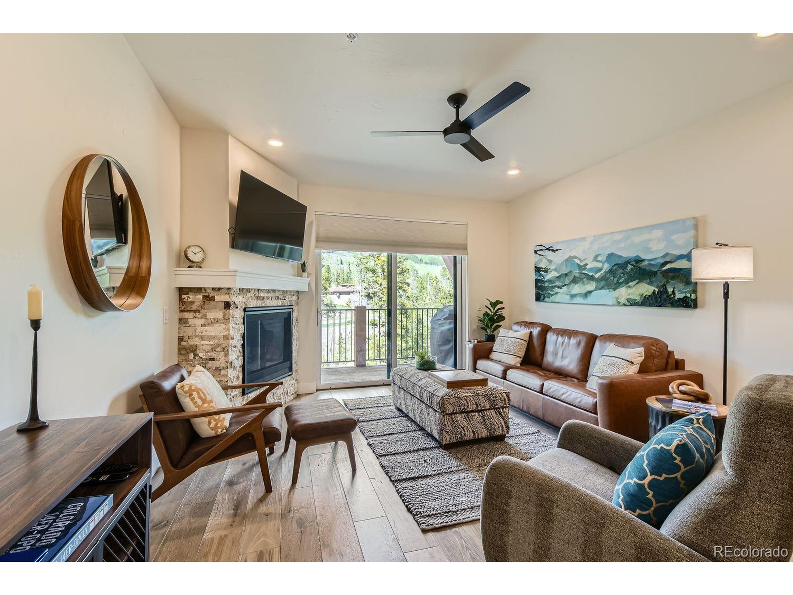0075 Clearwater Way, Unit 302 Dillon, CO 80435 - Photo 5 of 33 a living room with furniture a fireplace and a flat screen tv