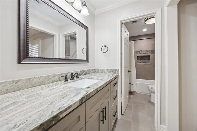 a bathroom with a granite countertop toilet sink and mirror