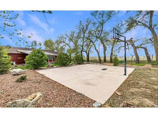 a view of a backyard with lawn chairs under an umbrella