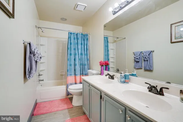 a bathroom with a sink vanity mirror and toilet