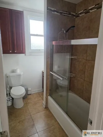 a bathroom with a shower and a toilet