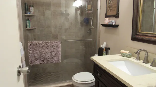 a bathroom with a sink toilet and shower