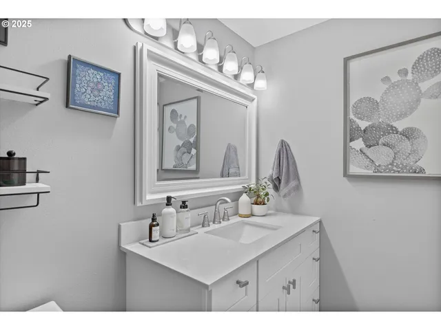 a bathroom with a sink vanity and a mirror