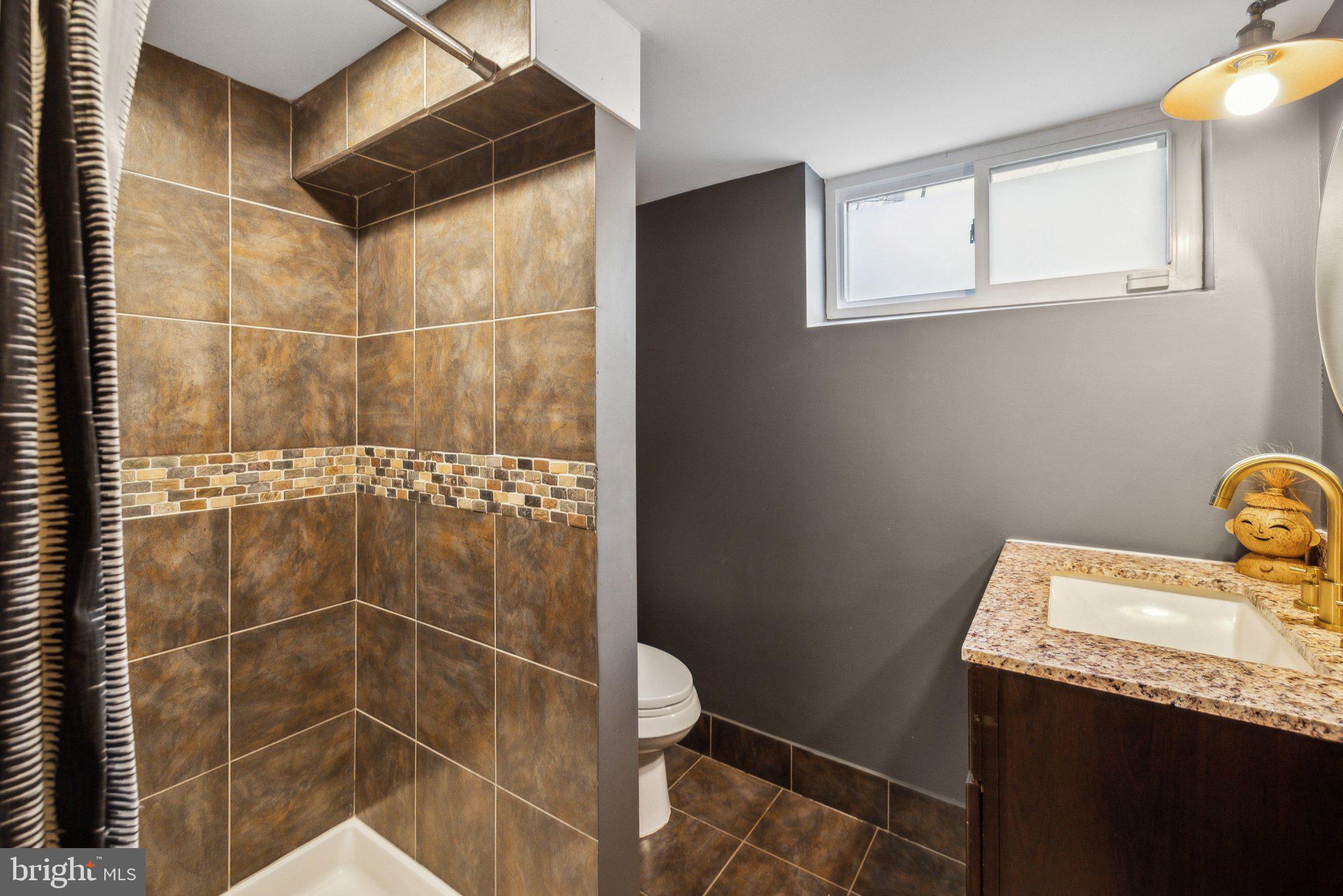 3808 North Pershing Drive Arlington, VA 22203 - Photo 31 of 42 a bathroom with a granite countertop sink a toilet and with shower
